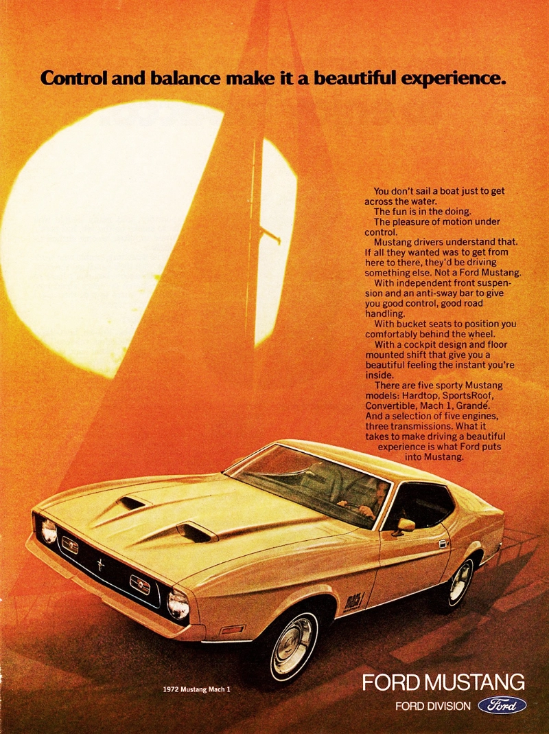 1972 Ford Mustang vintage auto ad; Control and Balance make it a beautiful experience